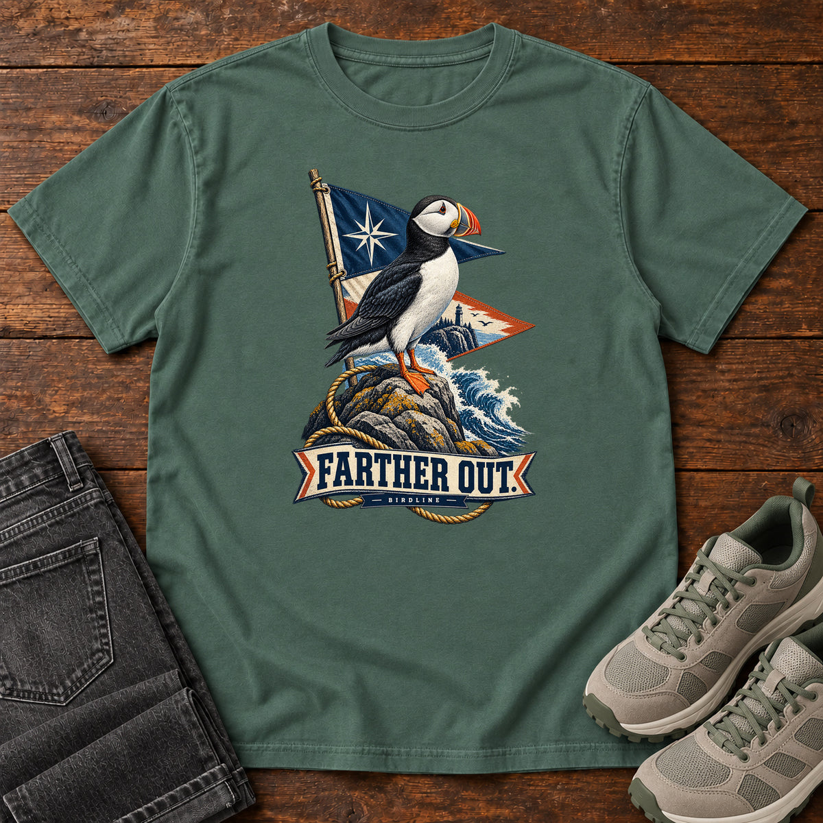 Farther Out Puffin T-Shirt in Blue Spruce