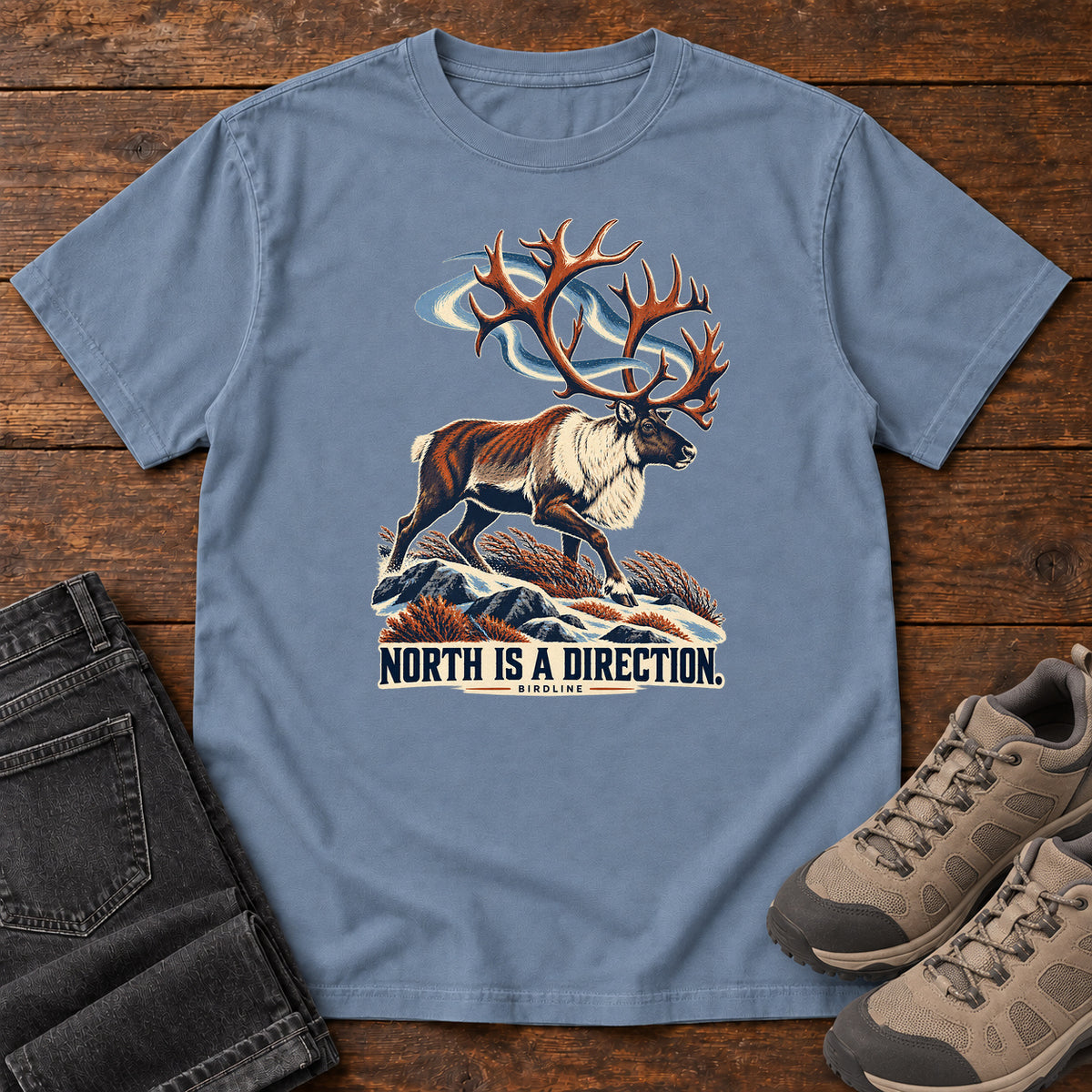 North Is a Direction Caribou T-Shirt in Blue Jean