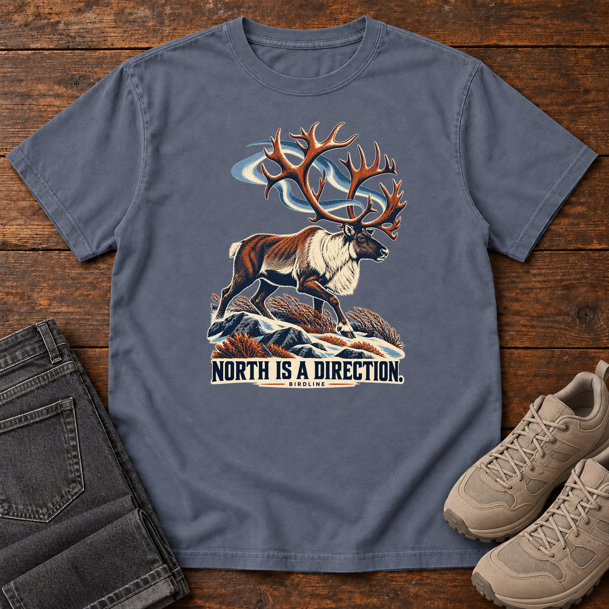 North Is a Direction Caribou T-Shirt in Denim