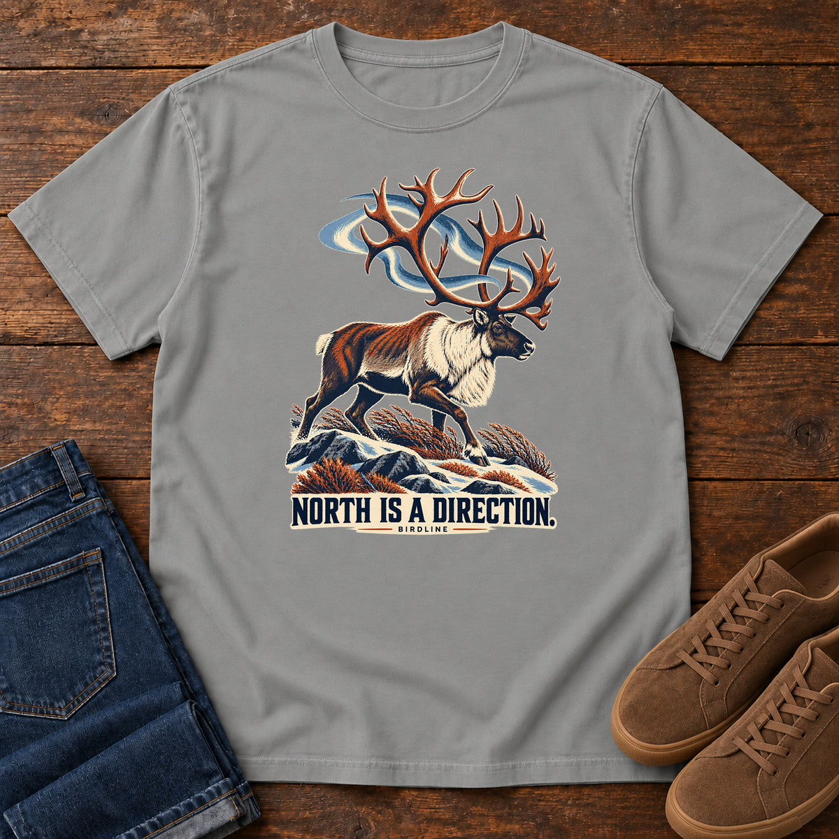 North Is a Direction Caribou T-Shirt in Grey