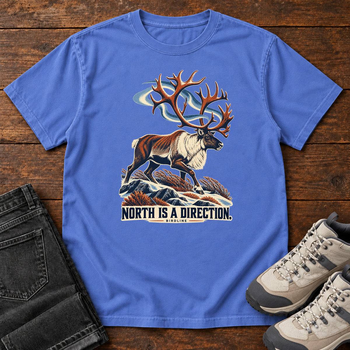 North Is a Direction Caribou T-Shirt in Mystic Blue