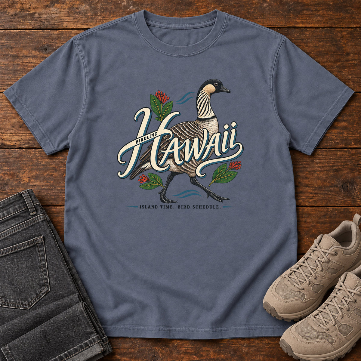 Hawaii Island Time Bird Schedule Nene T-Shirt in Denim