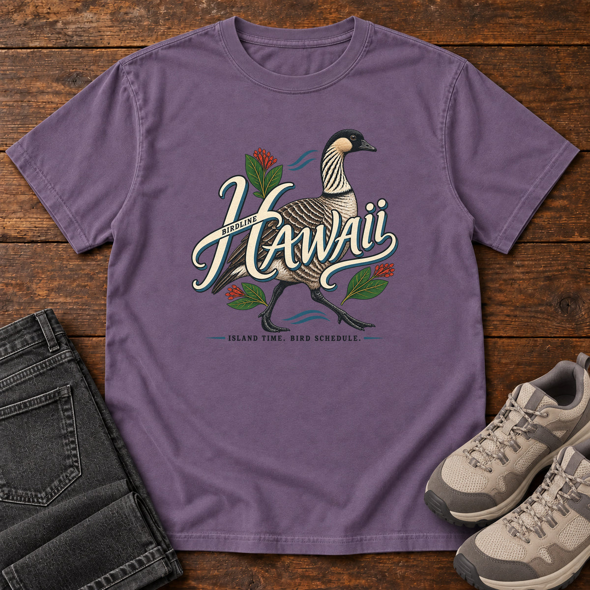 Hawaii Island Time Bird Schedule Nene T-Shirt in Grape