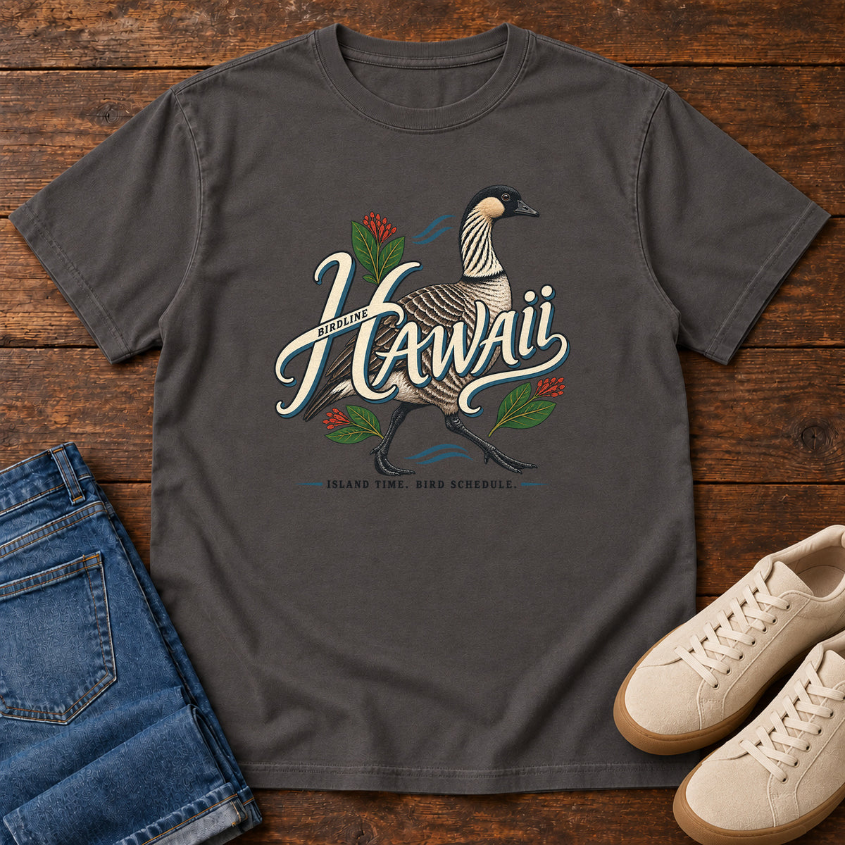 Hawaii Island Time Bird Schedule Nene T-Shirt in Graphite
