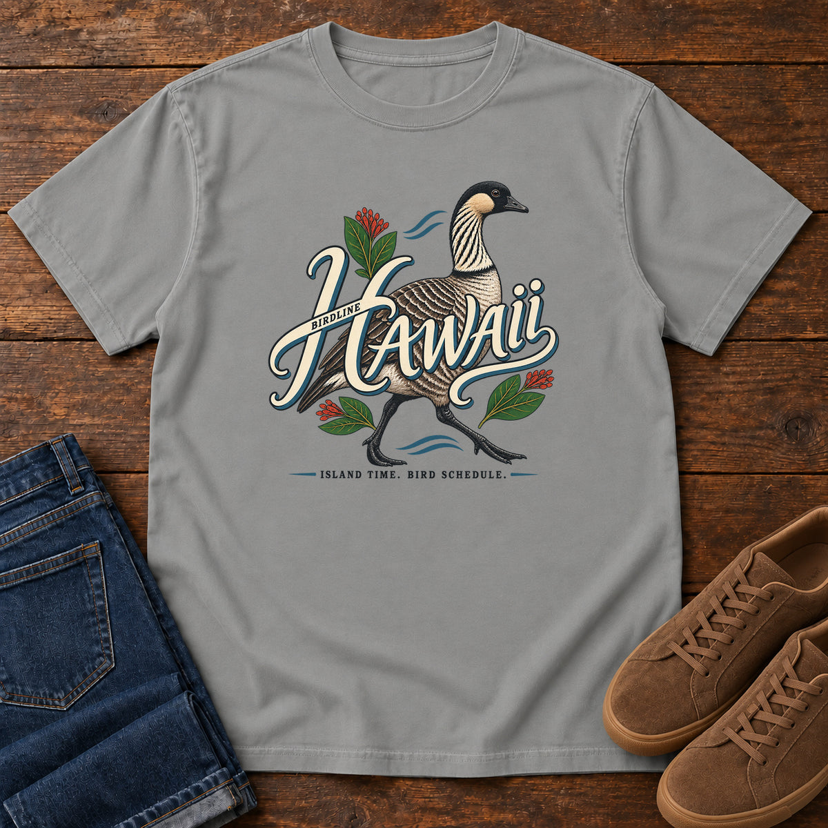 Hawaii Island Time Bird Schedule Nene T-Shirt in Grey