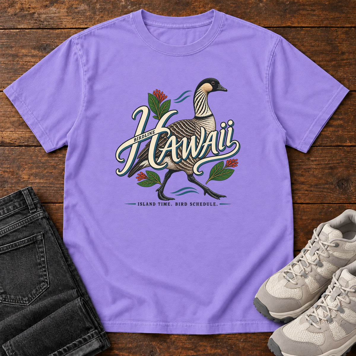 Hawaii Island Time Bird Schedule Nene T-Shirt in Violet