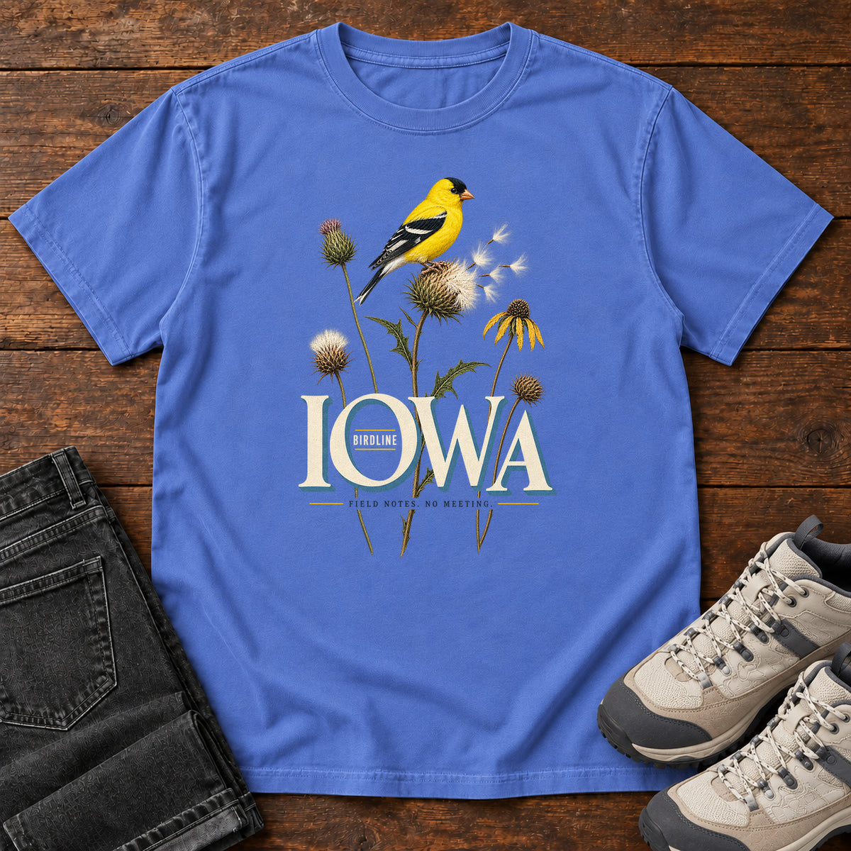 Iowa Field Notes No Meetings T-Shirt in Mystic Blue