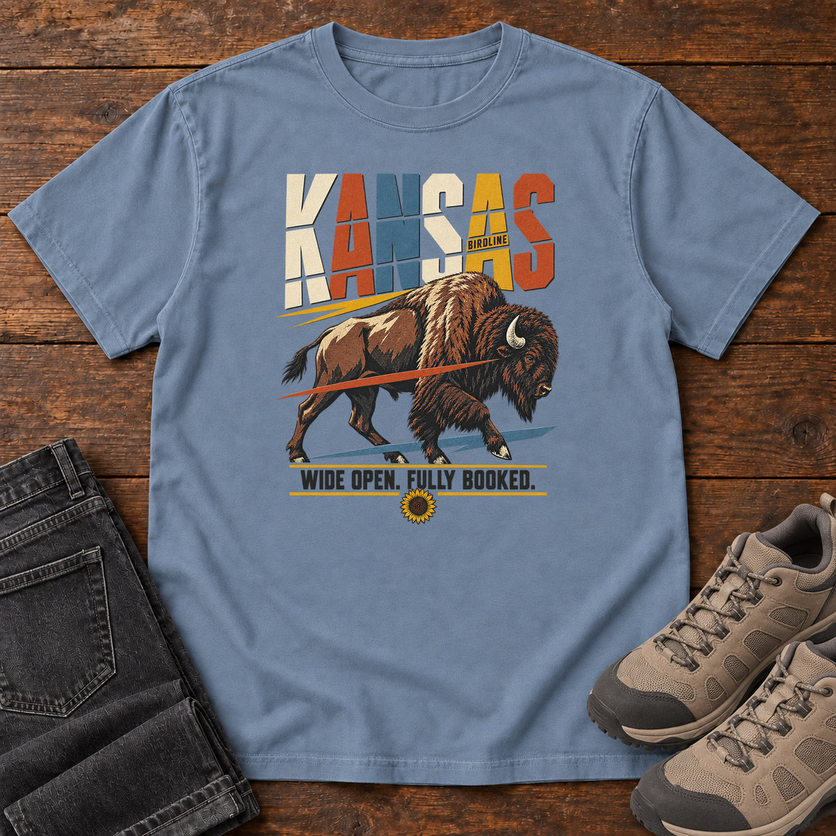 Kansas Wide Open Fully Booked Bison T-Shirt in Blue Jean