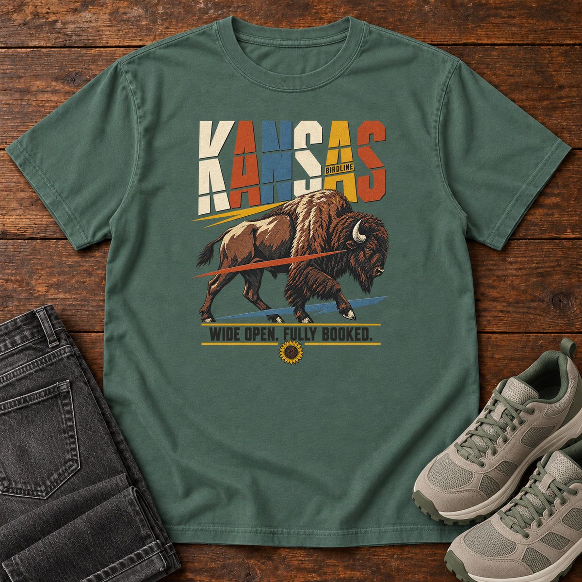 Kansas Wide Open Fully Booked Bison T-Shirt in Blue Spruce