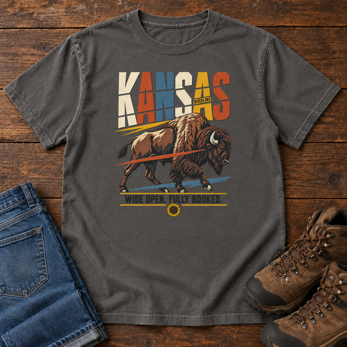 Kansas Wide Open Fully Booked Bison T-Shirt in Pepper