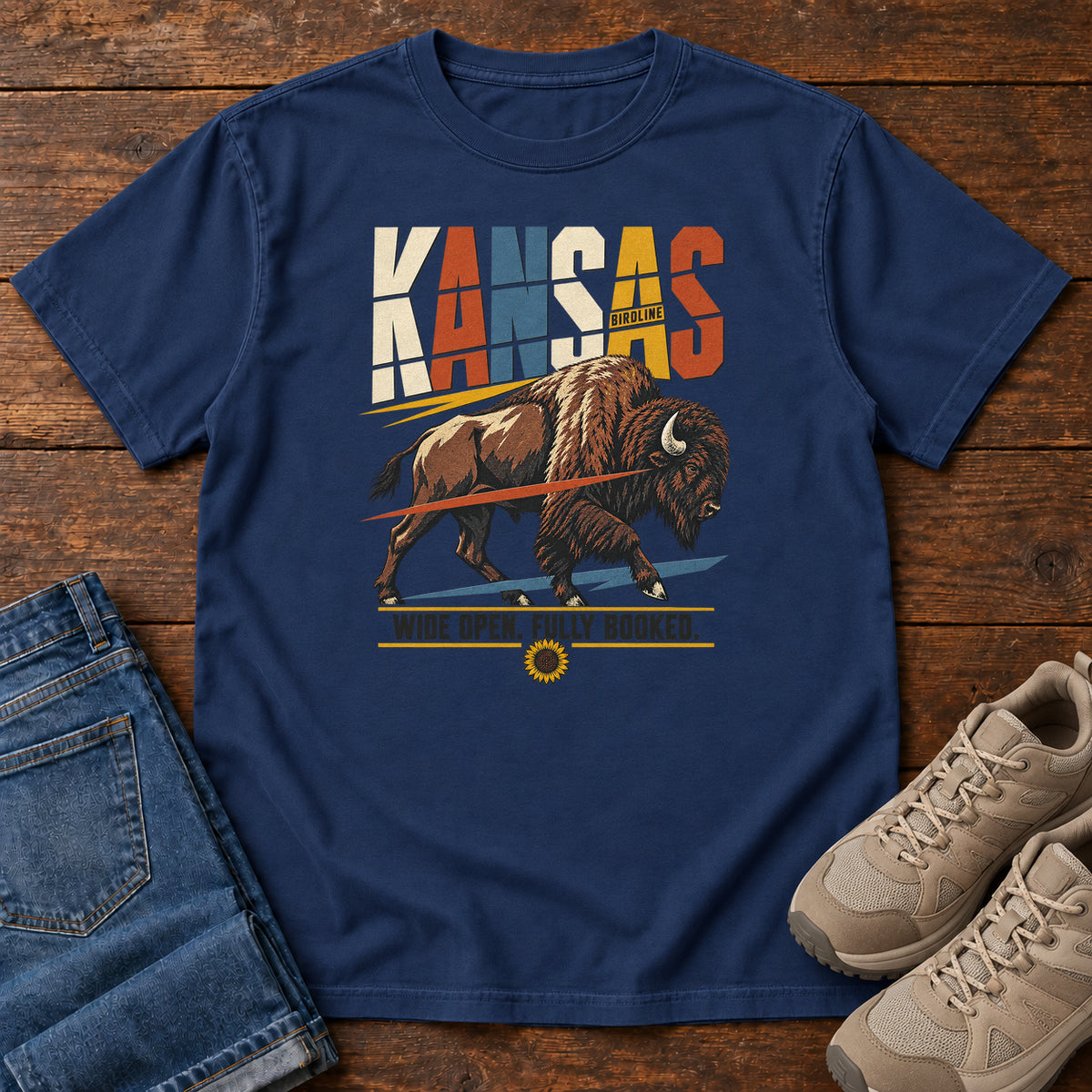 Kansas Wide Open Fully Booked Bison T-Shirt in True Navy