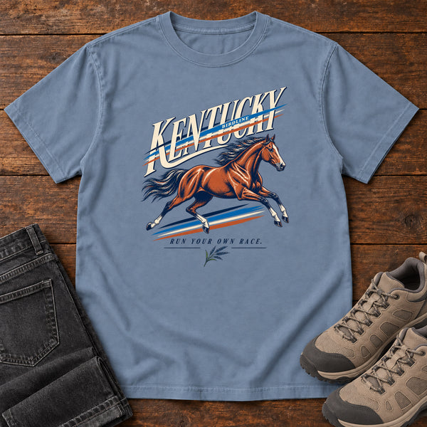 Kentucky Run Your Own Race Horse T-Shirt in Blue Jean, front view