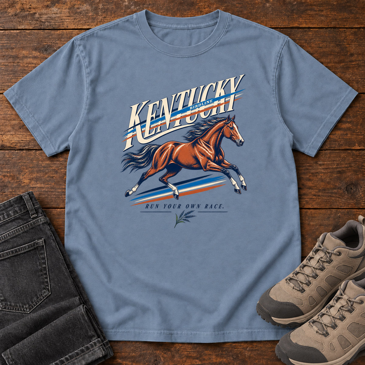 Kentucky Run Your Own Race Horse T-Shirt in Blue Jean
