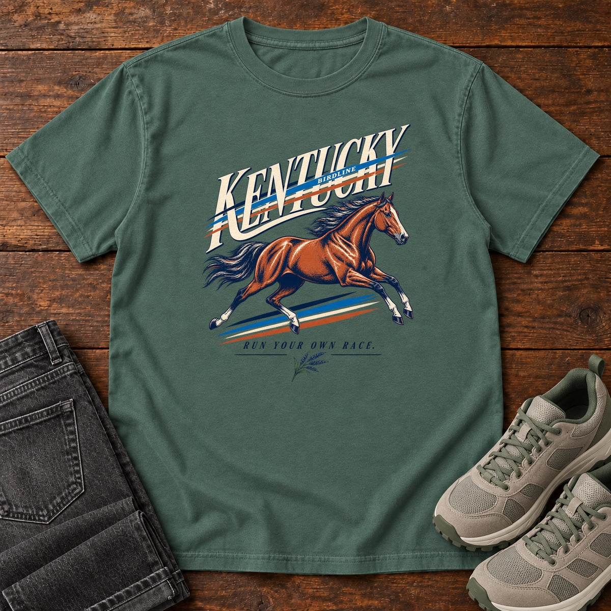 Kentucky Run Your Own Race Horse T-Shirt in Blue Spruce