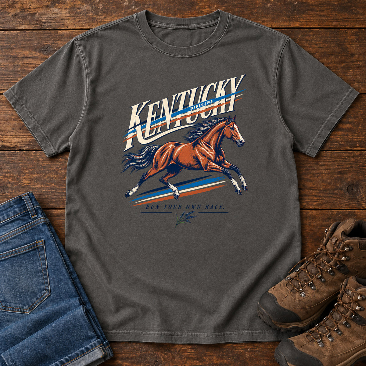 Kentucky Run Your Own Race Horse T-Shirt in Pepper