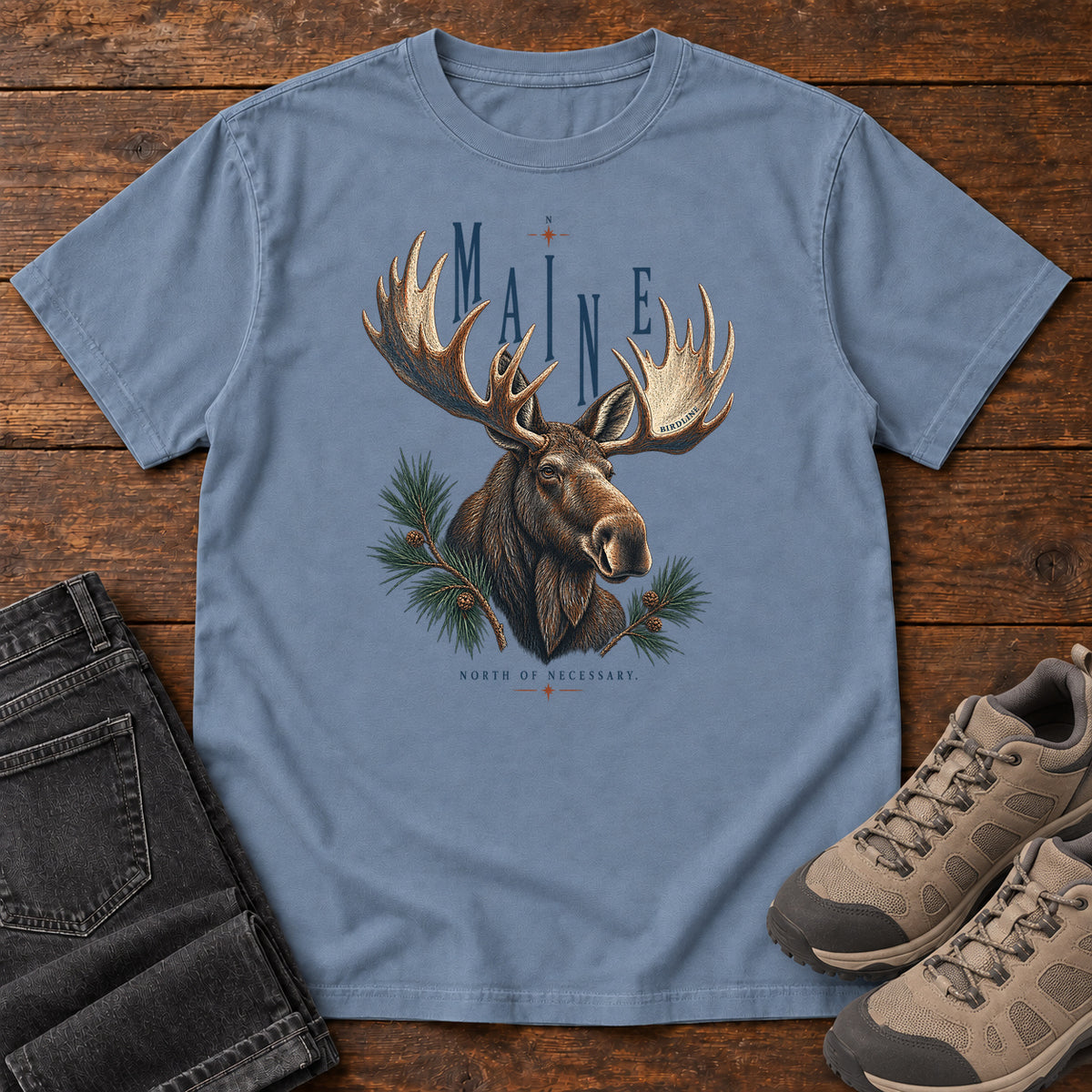 Maine North of Necessary Moose T-Shirt in Blue Jean
