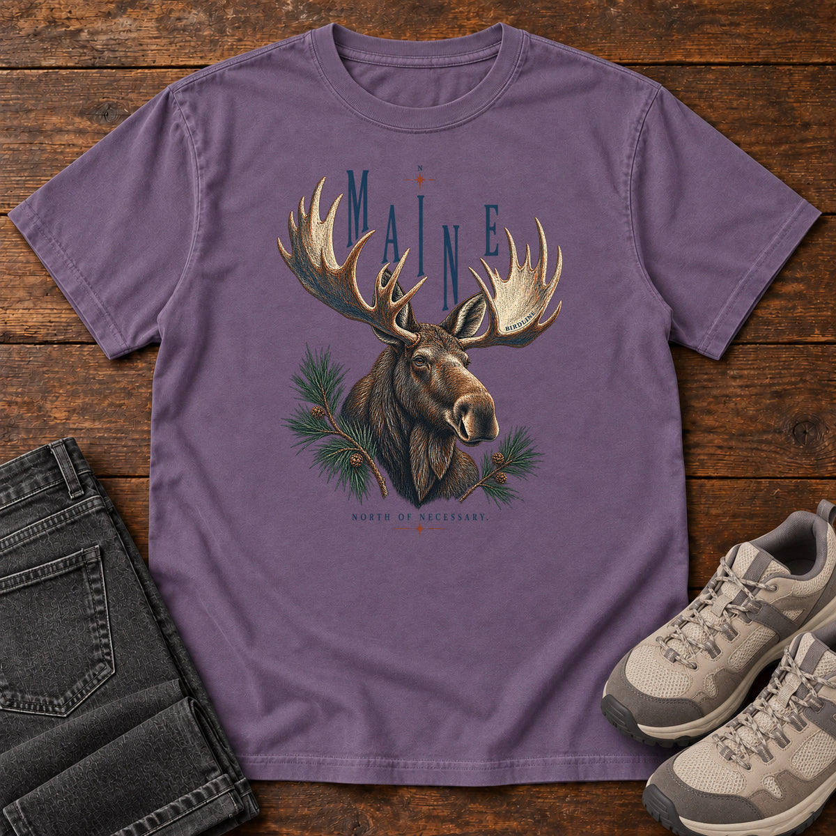 Maine North of Necessary Moose T-Shirt in Grape