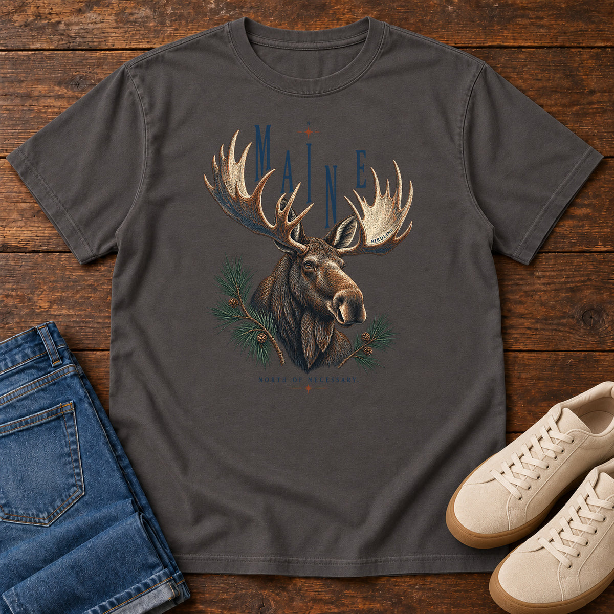 Maine North of Necessary Moose T-Shirt in Graphite