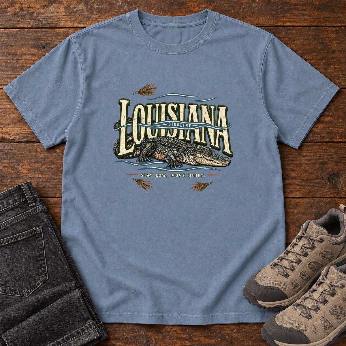 Louisiana Stay Low Move Quiet Alligator T-Shirt in Blue Jean