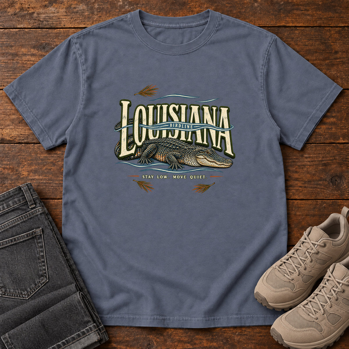 Louisiana Stay Low Move Quiet Alligator T-Shirt in Denim