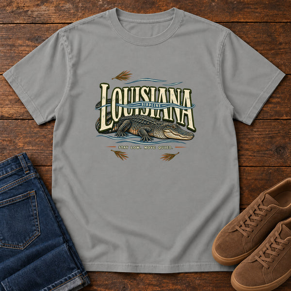 Louisiana Stay Low Move Quiet Alligator T-Shirt in Grey, front view