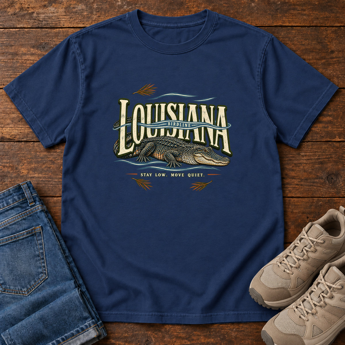 Louisiana Stay Low Move Quiet Alligator T-Shirt in True Navy
