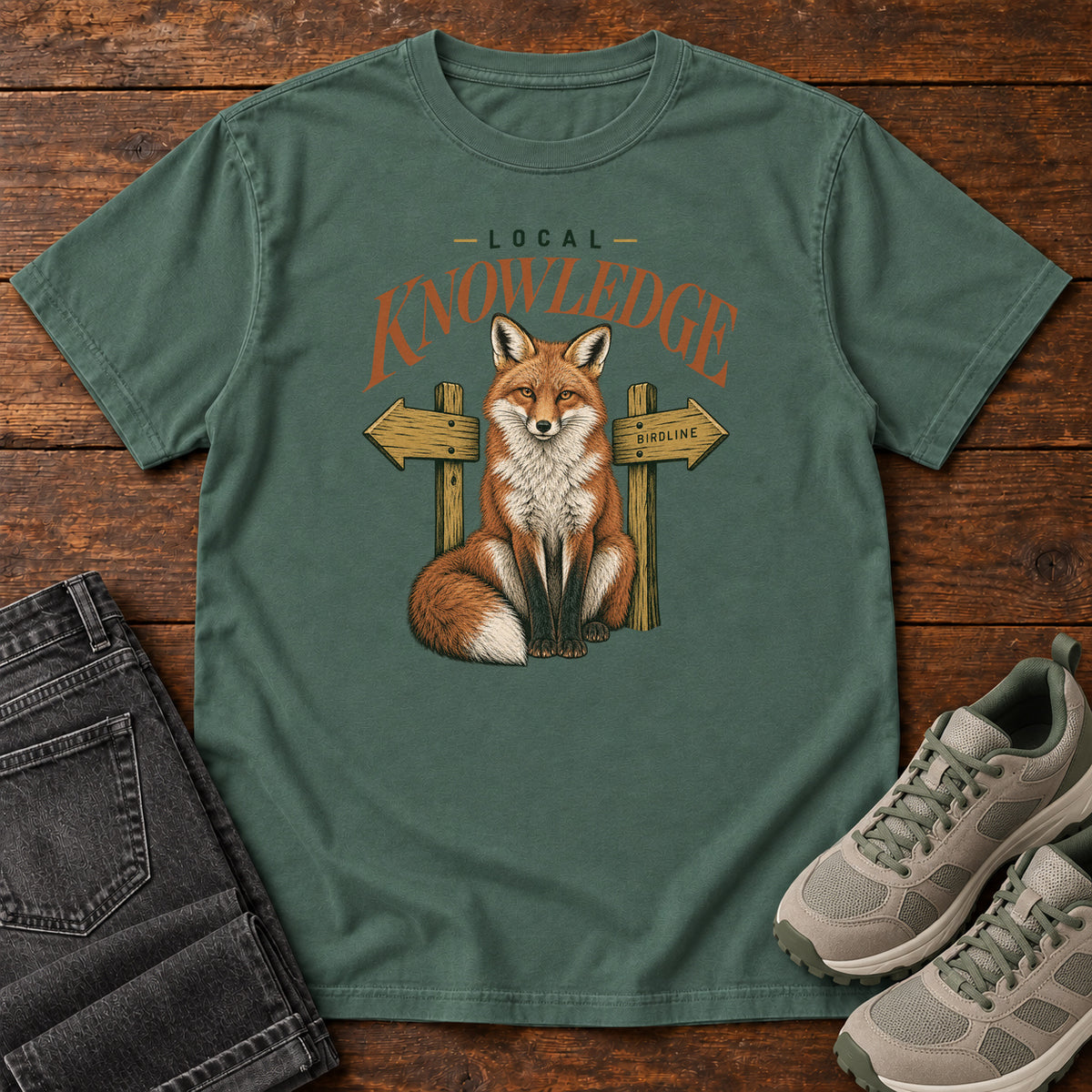 Blue Spruce Local Knowledge T-Shirt with a seated fox between wooden direction signs beneath Local Knowledge lettering; front flat lay on wood.