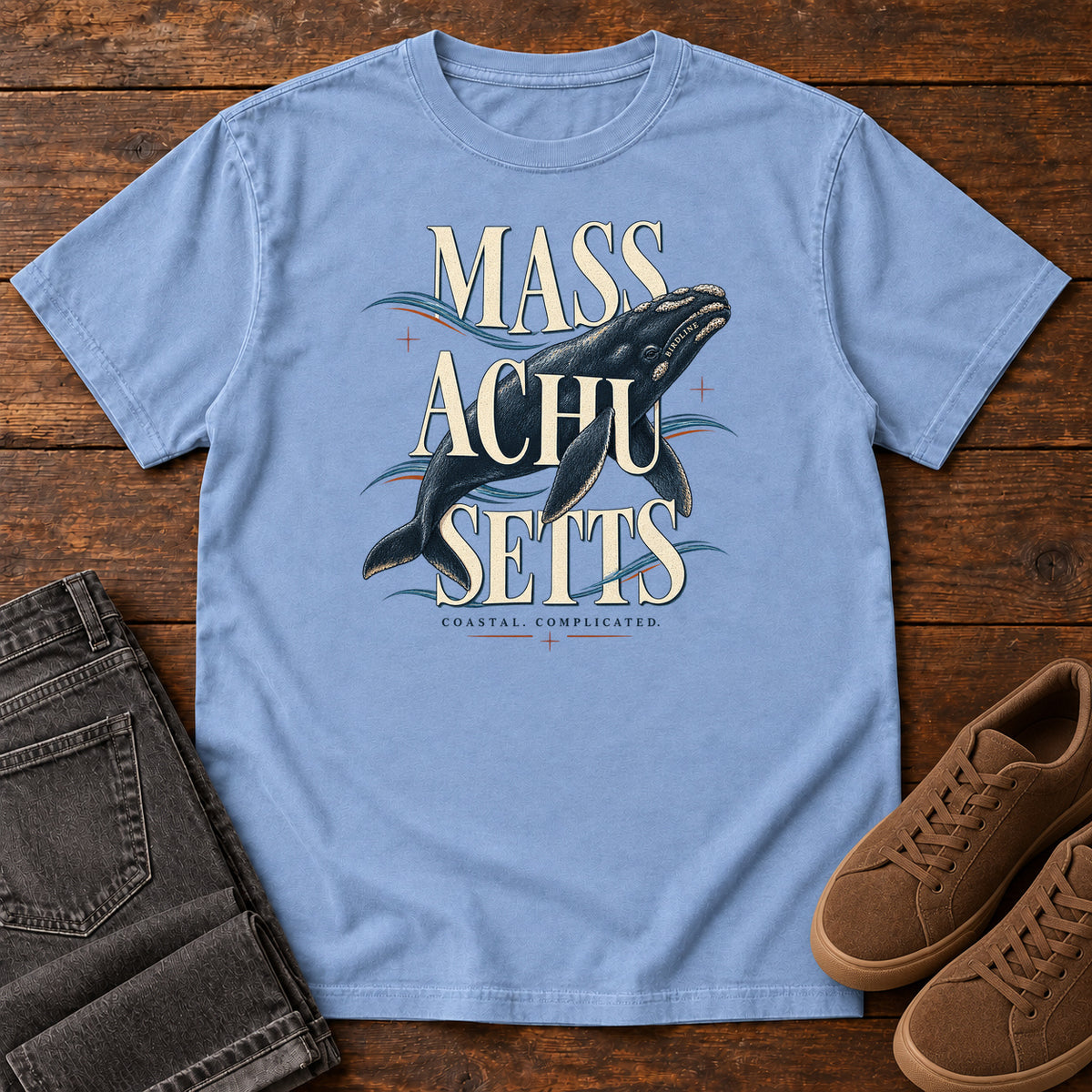 Massachusetts Coastal Complicated Whale T-Shirt in Washed Denim