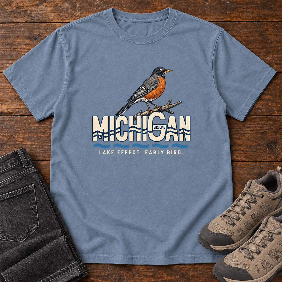 Michigan Lake Effect Early Bird Robin T-Shirt in Blue Jean