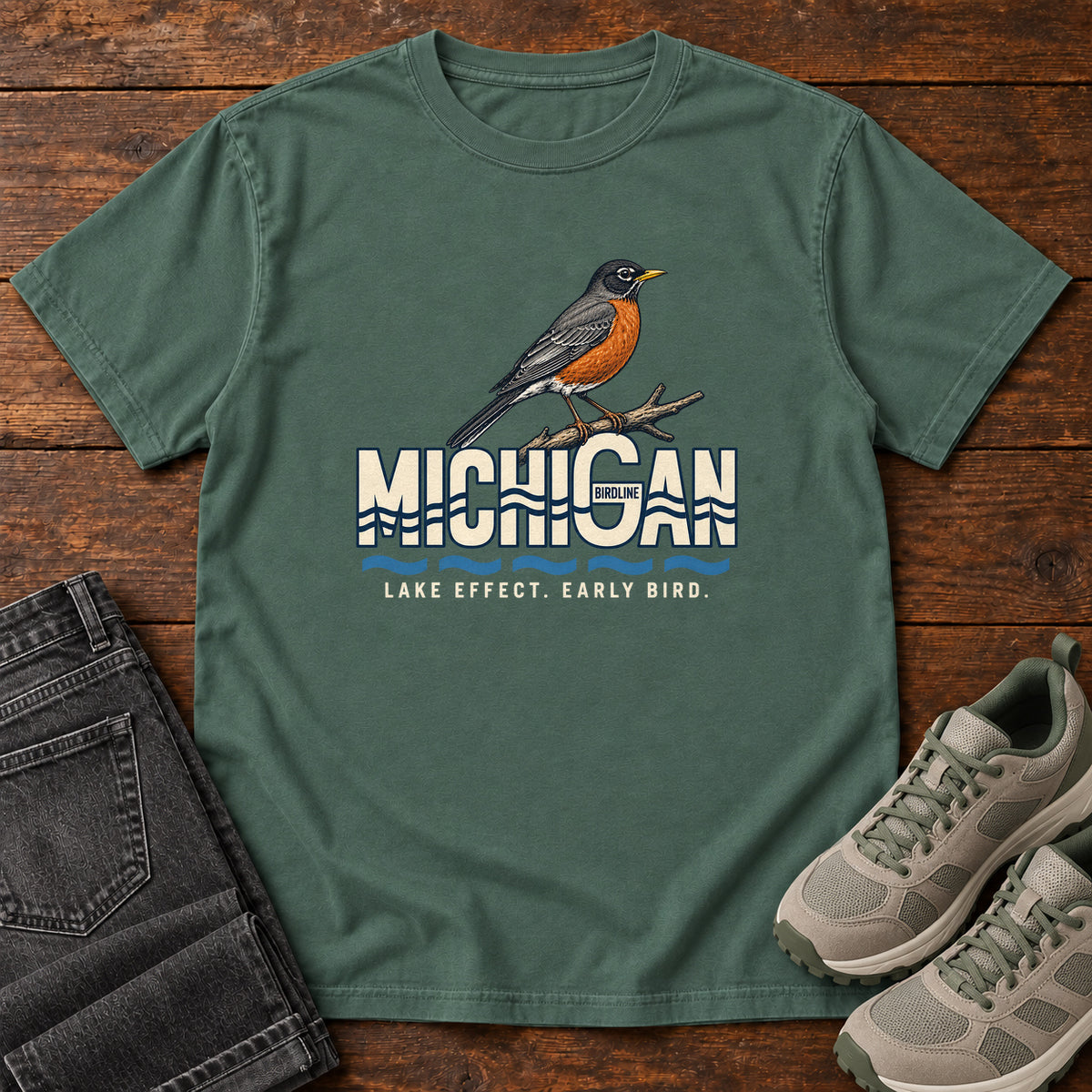Michigan Lake Effect Early Bird Robin T-Shirt in Blue Spruce