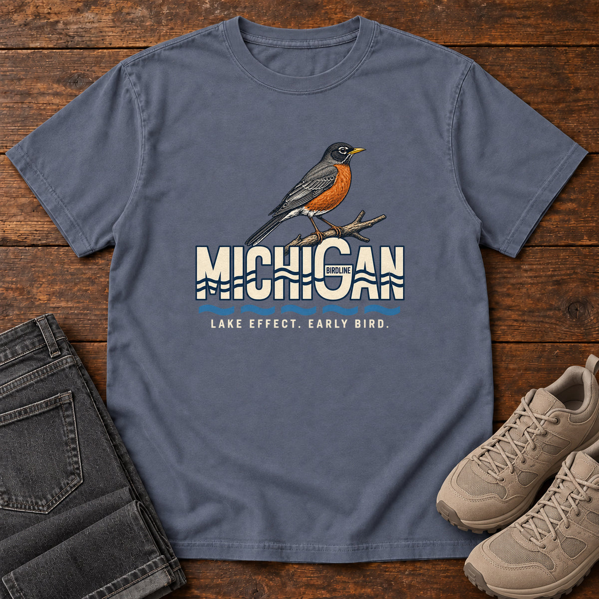 Michigan Lake Effect Early Bird Robin T-Shirt in Denim
