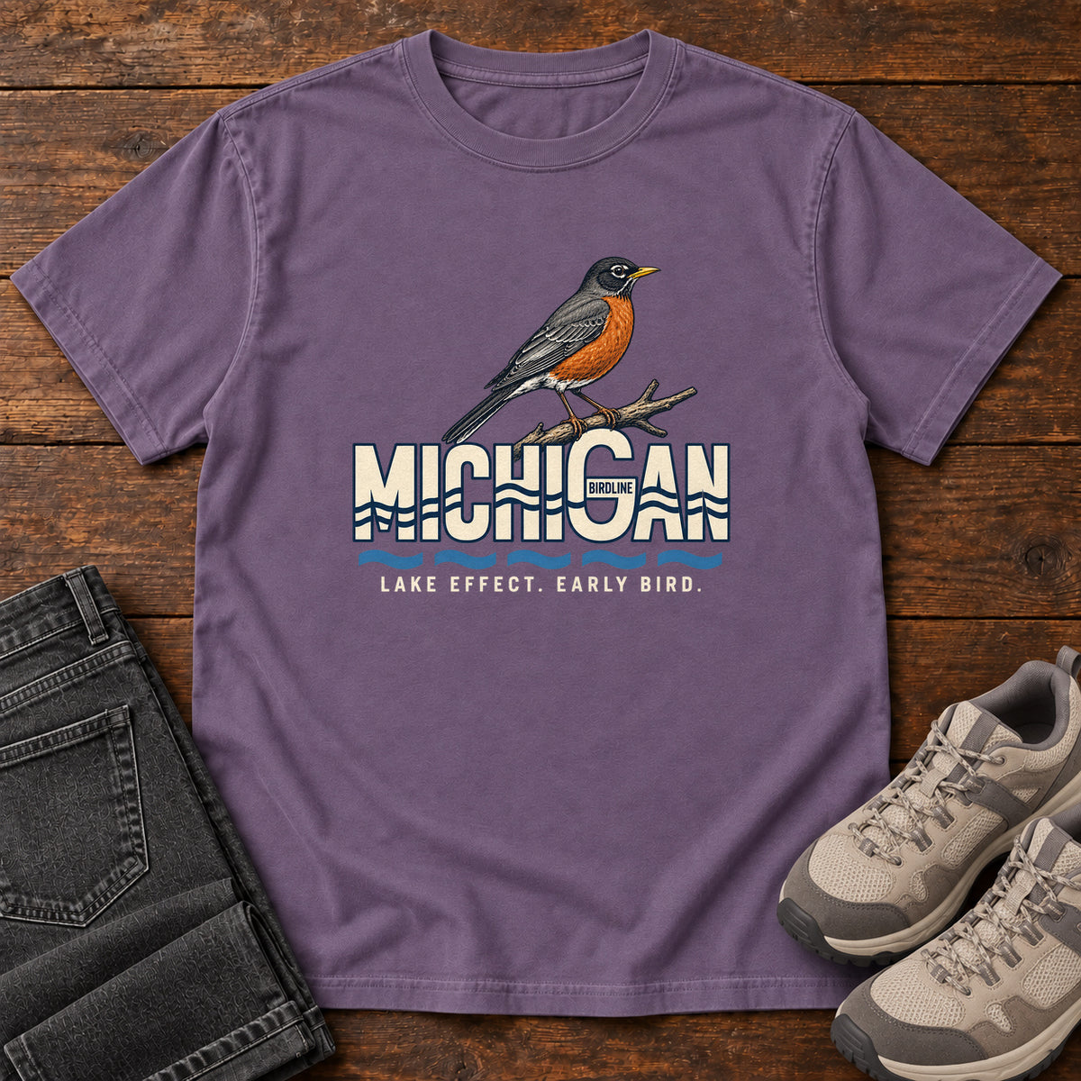Michigan Lake Effect Early Bird Robin T-Shirt in Grape