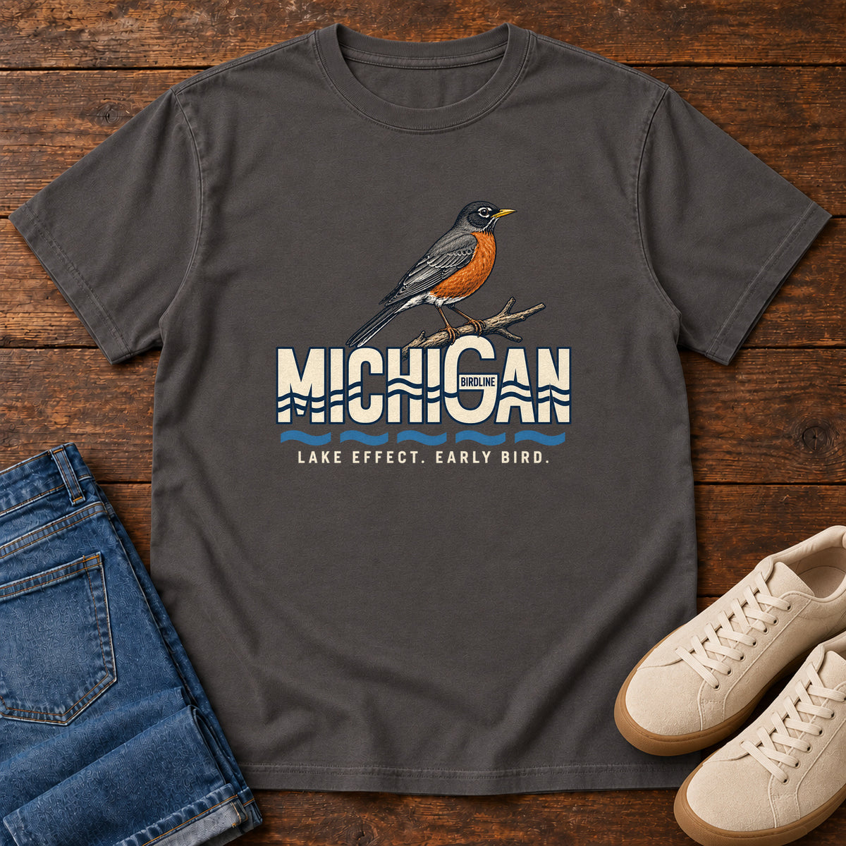 Michigan Lake Effect Early Bird Robin T-Shirt in Graphite