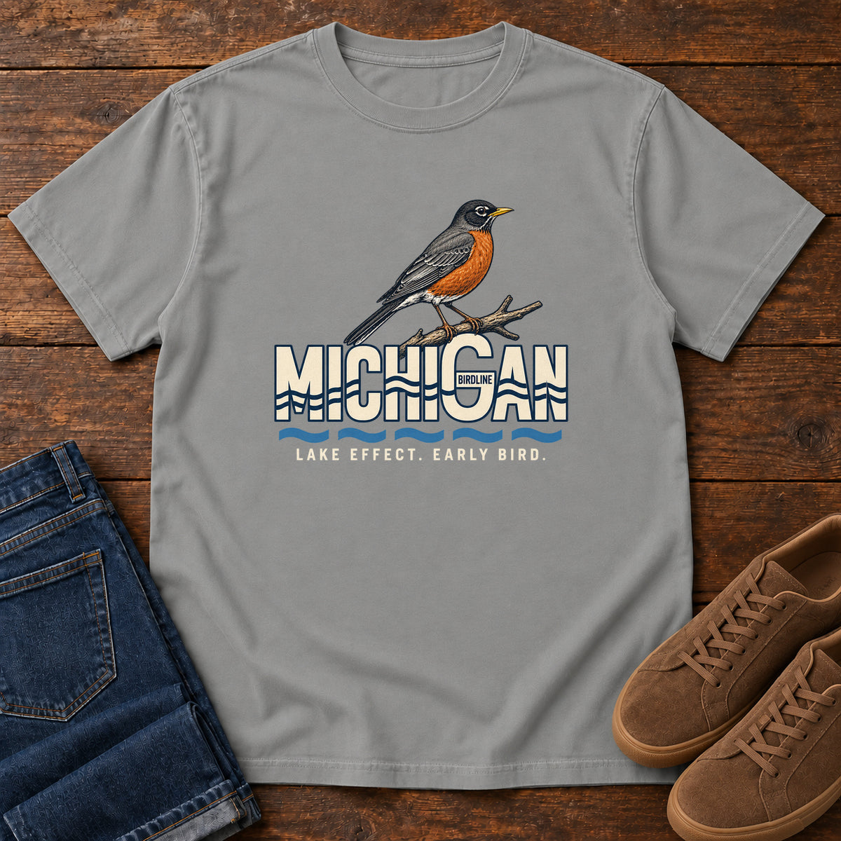 Michigan Lake Effect Early Bird Robin T-Shirt in Grey