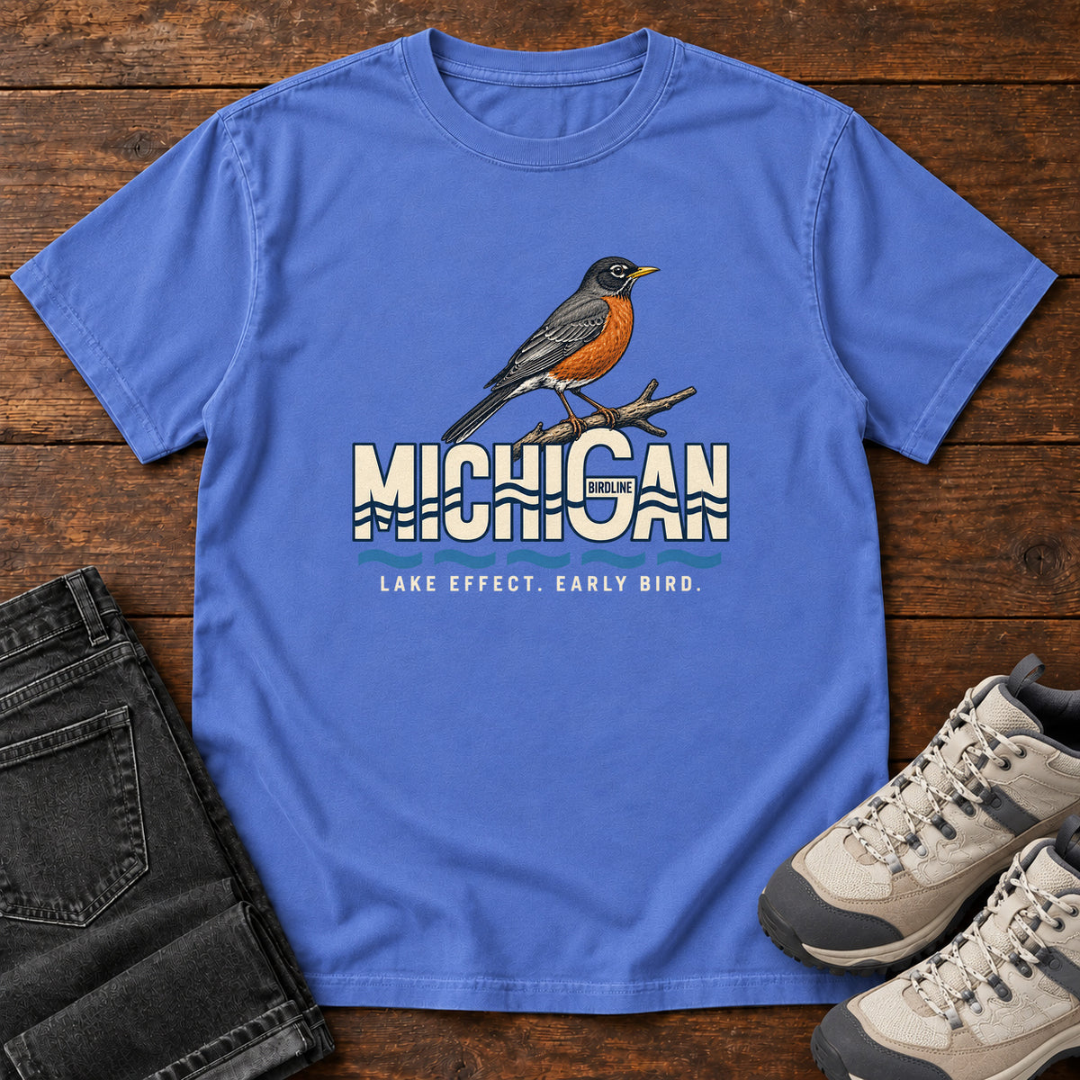 Michigan Lake Effect Early Bird Robin T-Shirt in Mystic Blue
