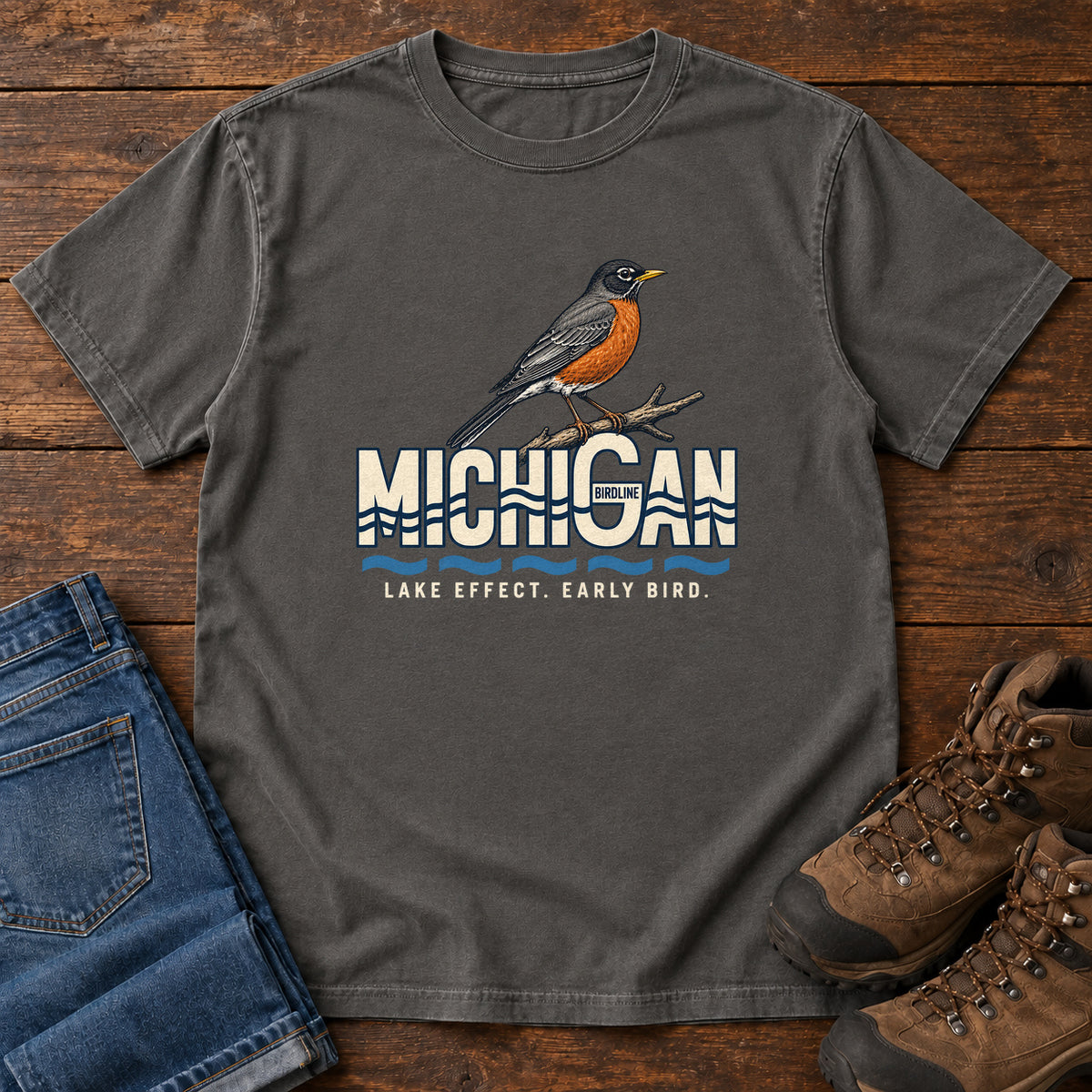 Michigan Lake Effect Early Bird Robin T-Shirt in Pepper