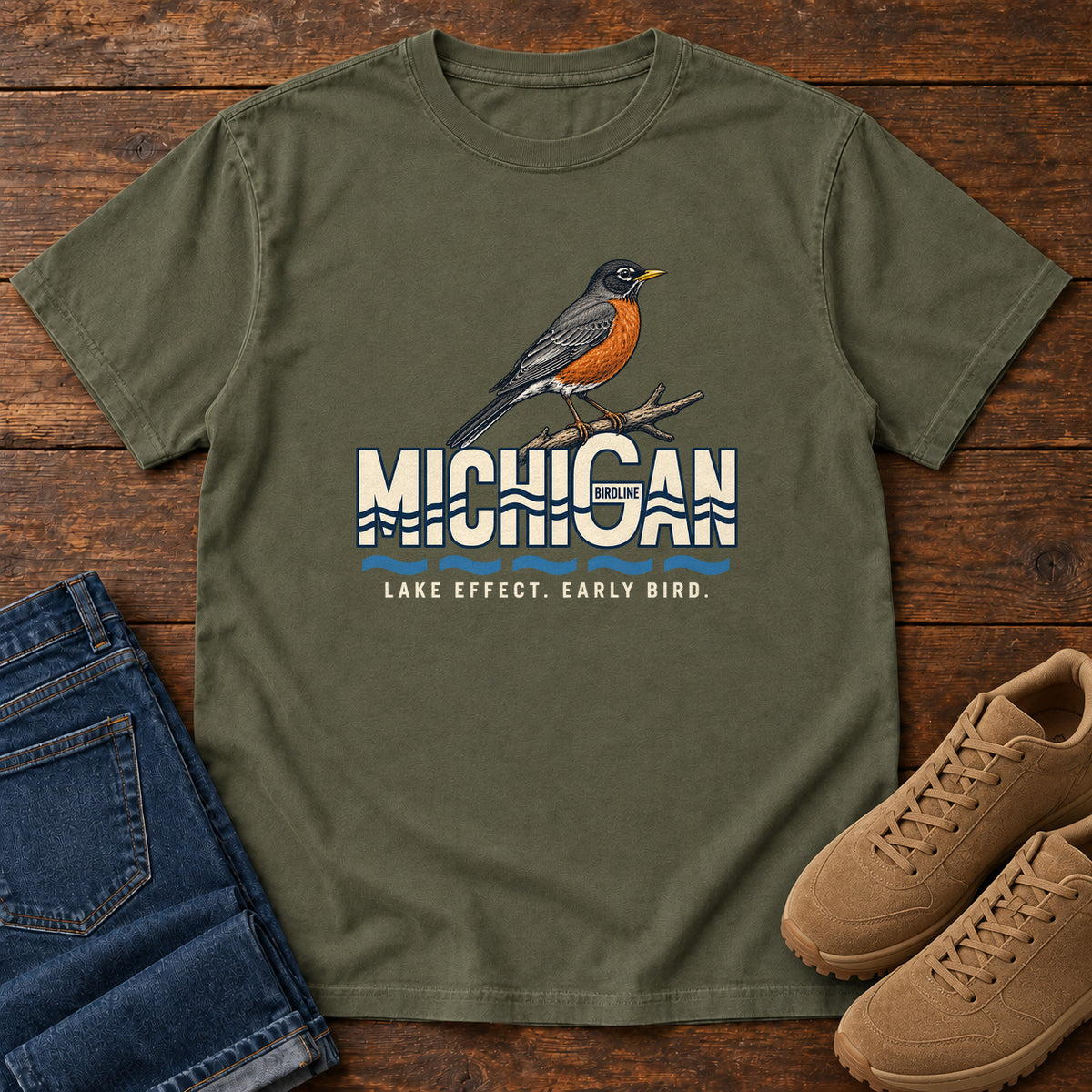 Michigan Lake Effect Early Bird Robin T-Shirt in Sage
