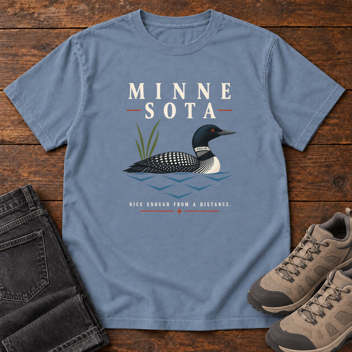 Minnesota Nice Enough from a Distance Loon T-Shirt in Blue Jean