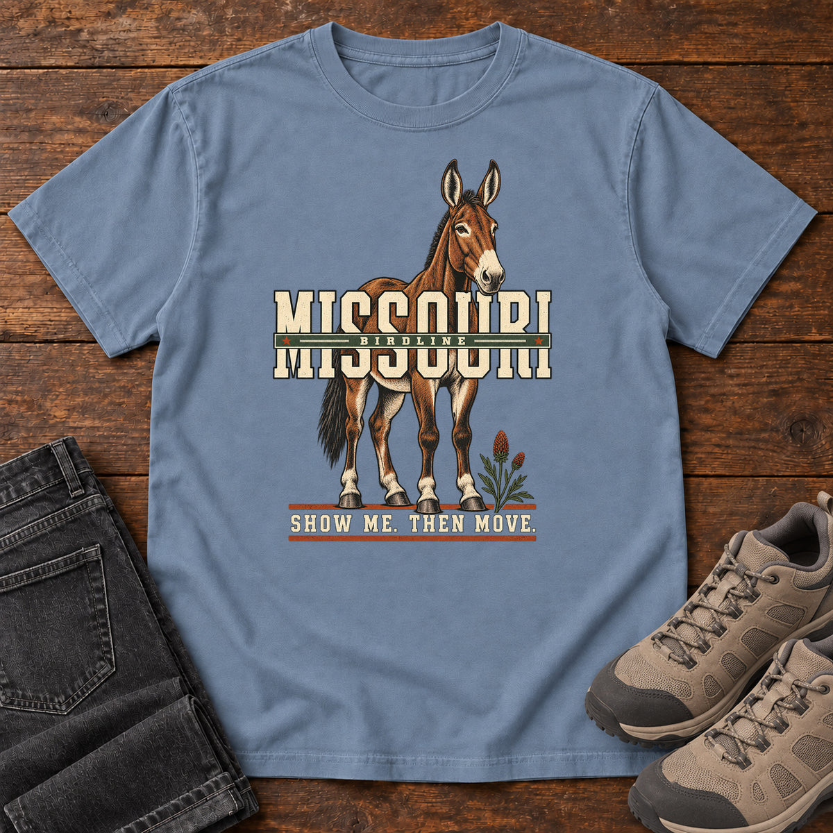 Missouri Show Me Then Move Mule T-Shirt in Blue Jean