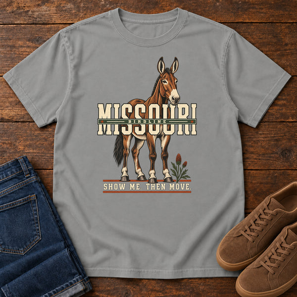 Missouri Show Me Then Move Mule T-Shirt in Grey, front view