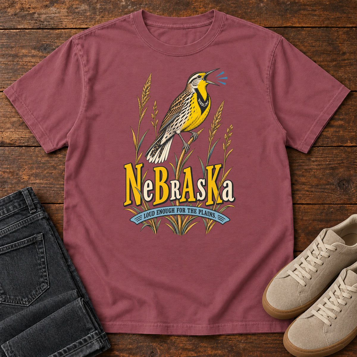 Nebraska Loud Enough for the Plains Meadowlark T-Shirt in Brick