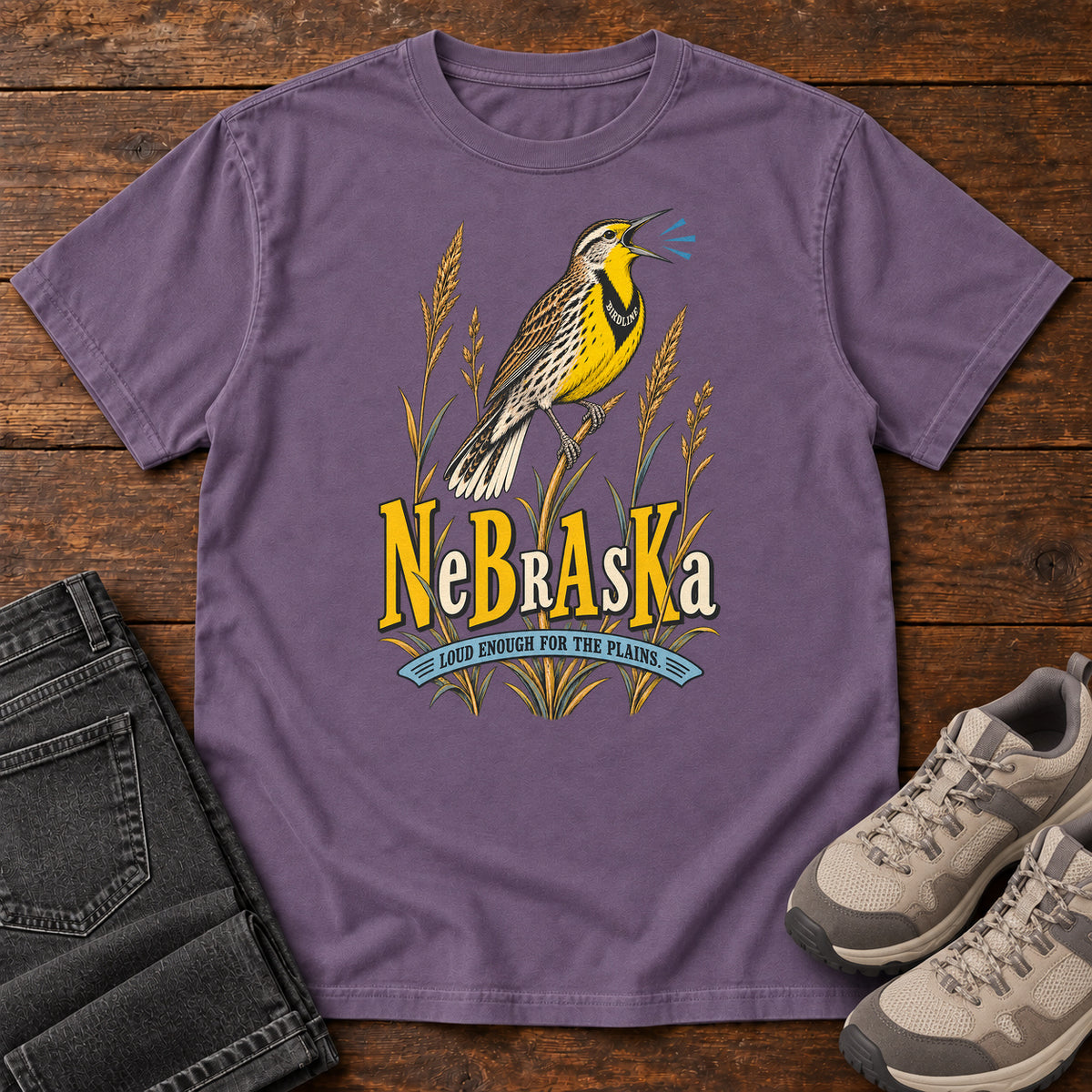 Nebraska Loud Enough for the Plains Meadowlark T-Shirt in Grape