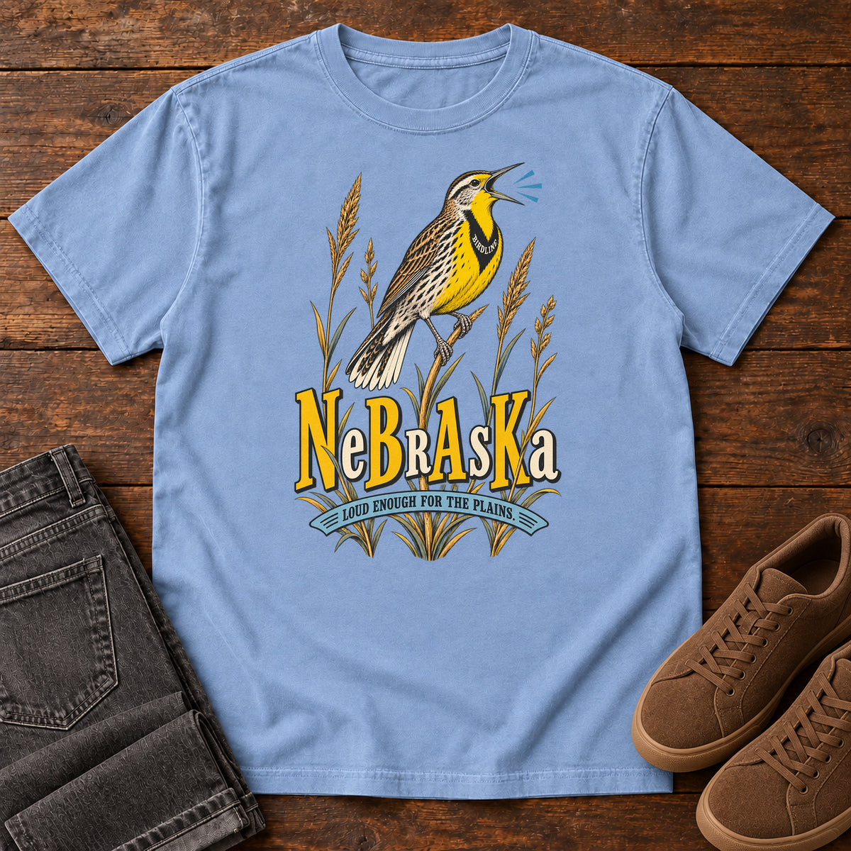Nebraska Loud Enough for the Plains Meadowlark T-Shirt in Washed Denim