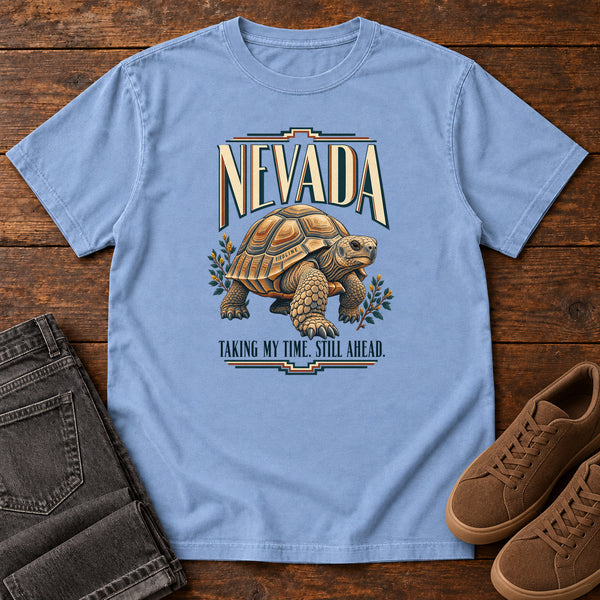 Nevada Taking My Time Still Ahead Tortoise T-Shirt in Washed Denim, front view