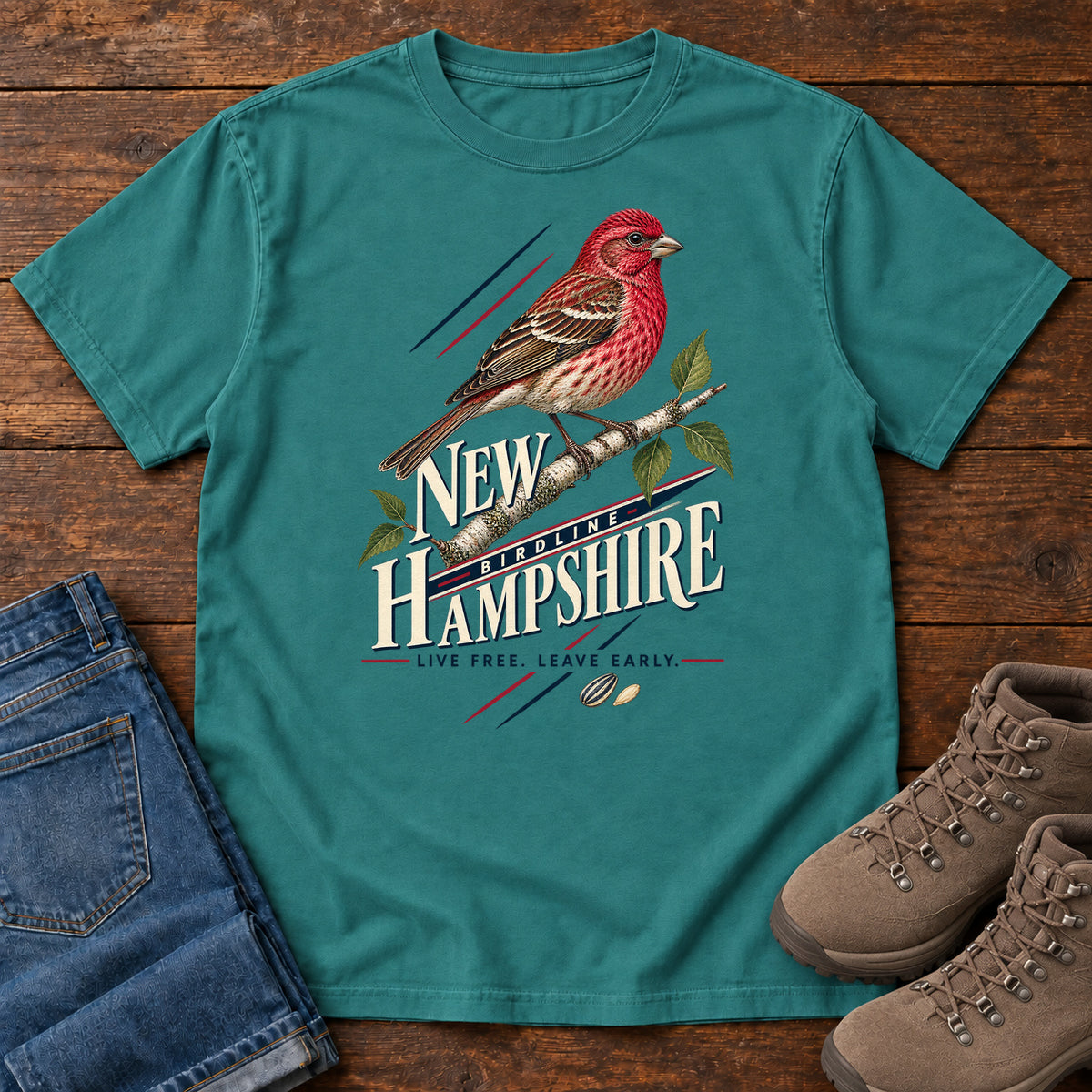 New Hampshire Live Free Leave Early Finch T-Shirt in Emerald