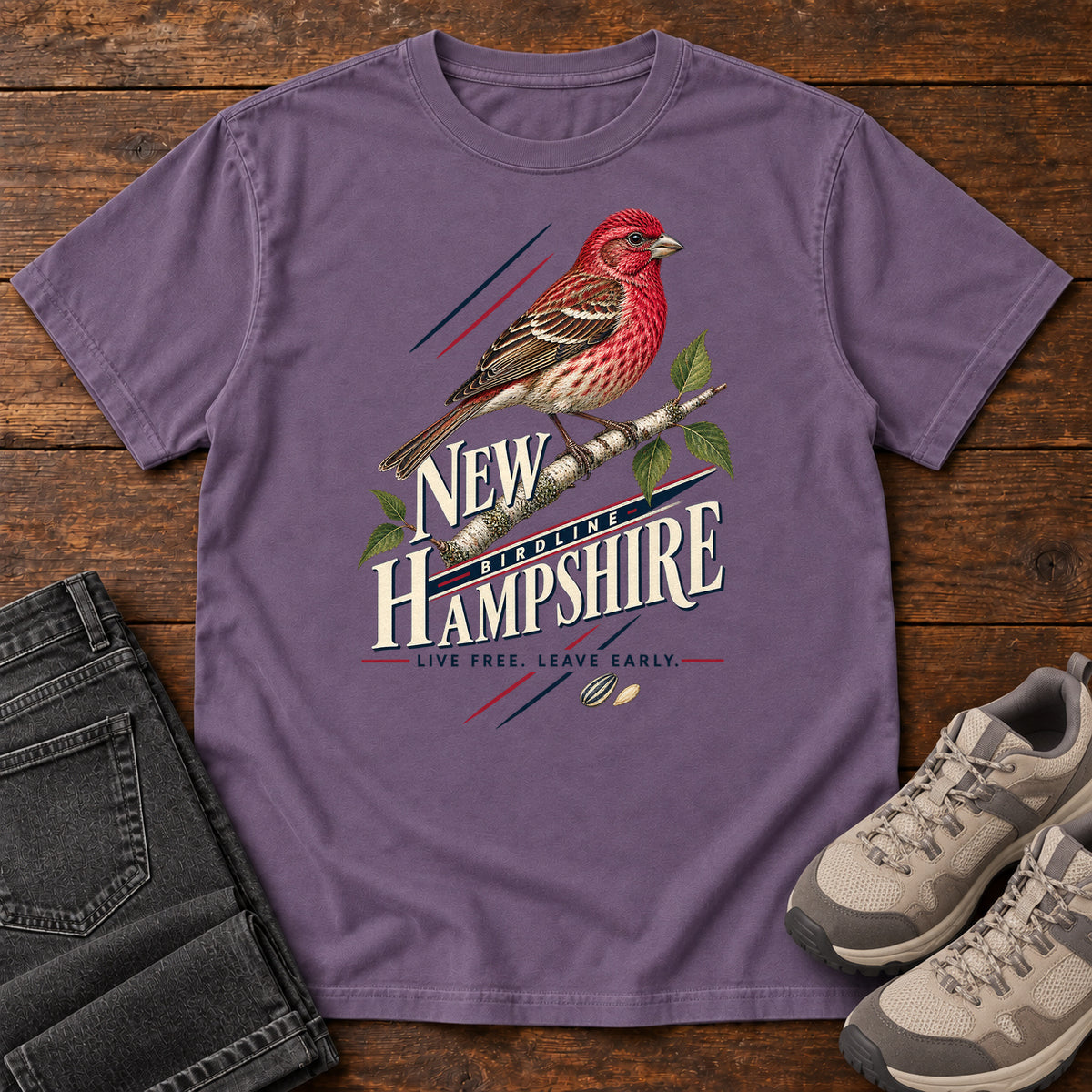 New Hampshire Live Free Leave Early Finch T-Shirt in Grape