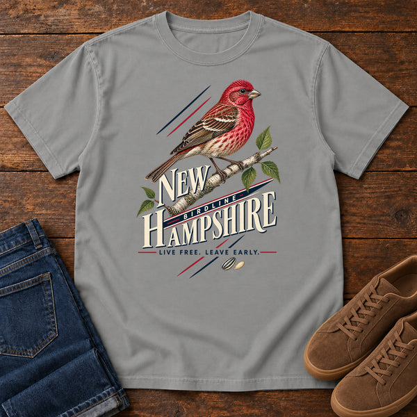 New Hampshire Live Free Leave Early Finch T-Shirt in Grey, front view