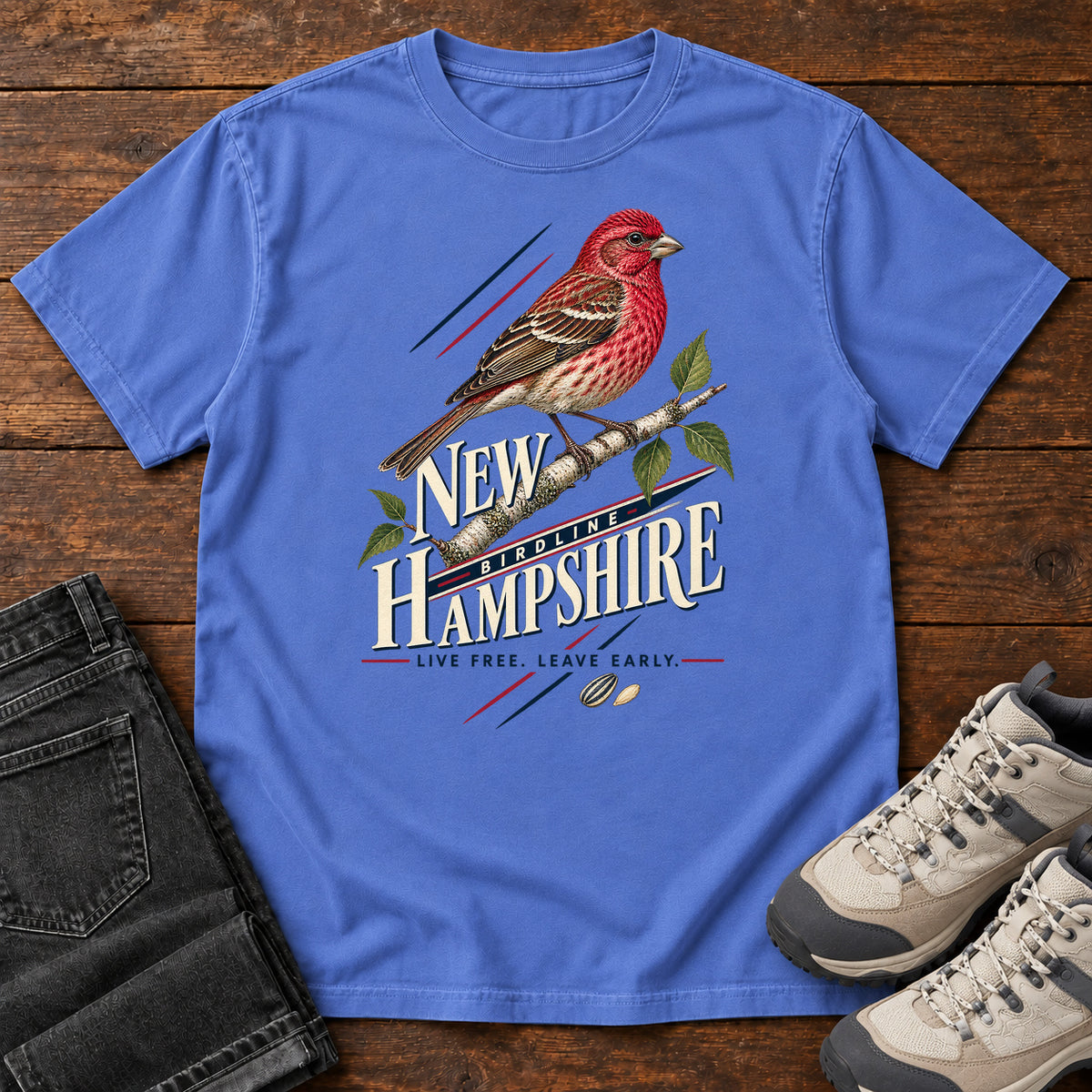 New Hampshire Live Free Leave Early Finch T-Shirt in Mystic Blue