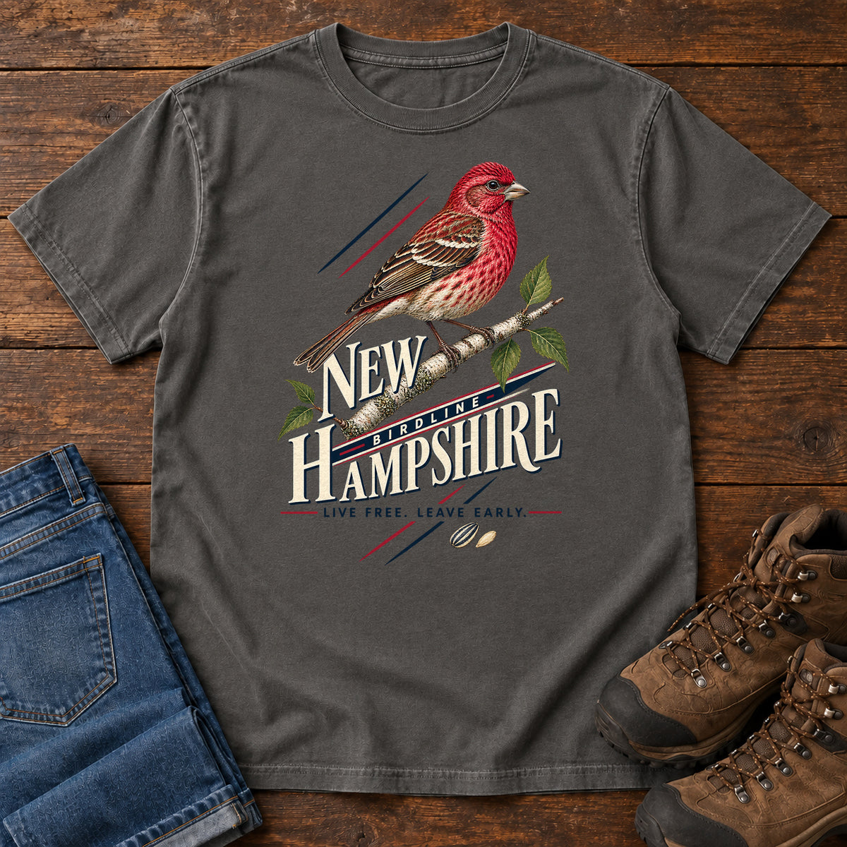 New Hampshire Live Free Leave Early Finch T-Shirt in Pepper