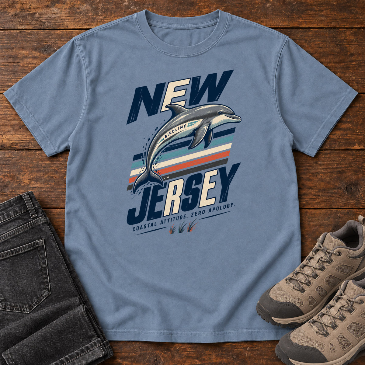 New Jersey Coastal Attitude Zero Regret Dolphin T-Shirt in Blue Jean